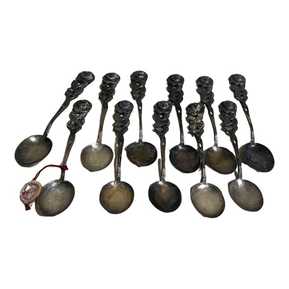 Vintage Antiko 100 Silver Bon-Bon Coffee Spoon Rose Handle 11 Piece Set Germany - Picture 1 of 7